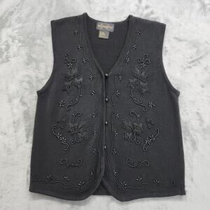 Vintage Requirements Sweater Vest Womens S Black Beaded V-Neck Sleeveless Preppy